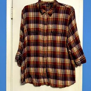 Eddie Bauer madras plaid long sleeve cotton camp shirt XXL pink purple white